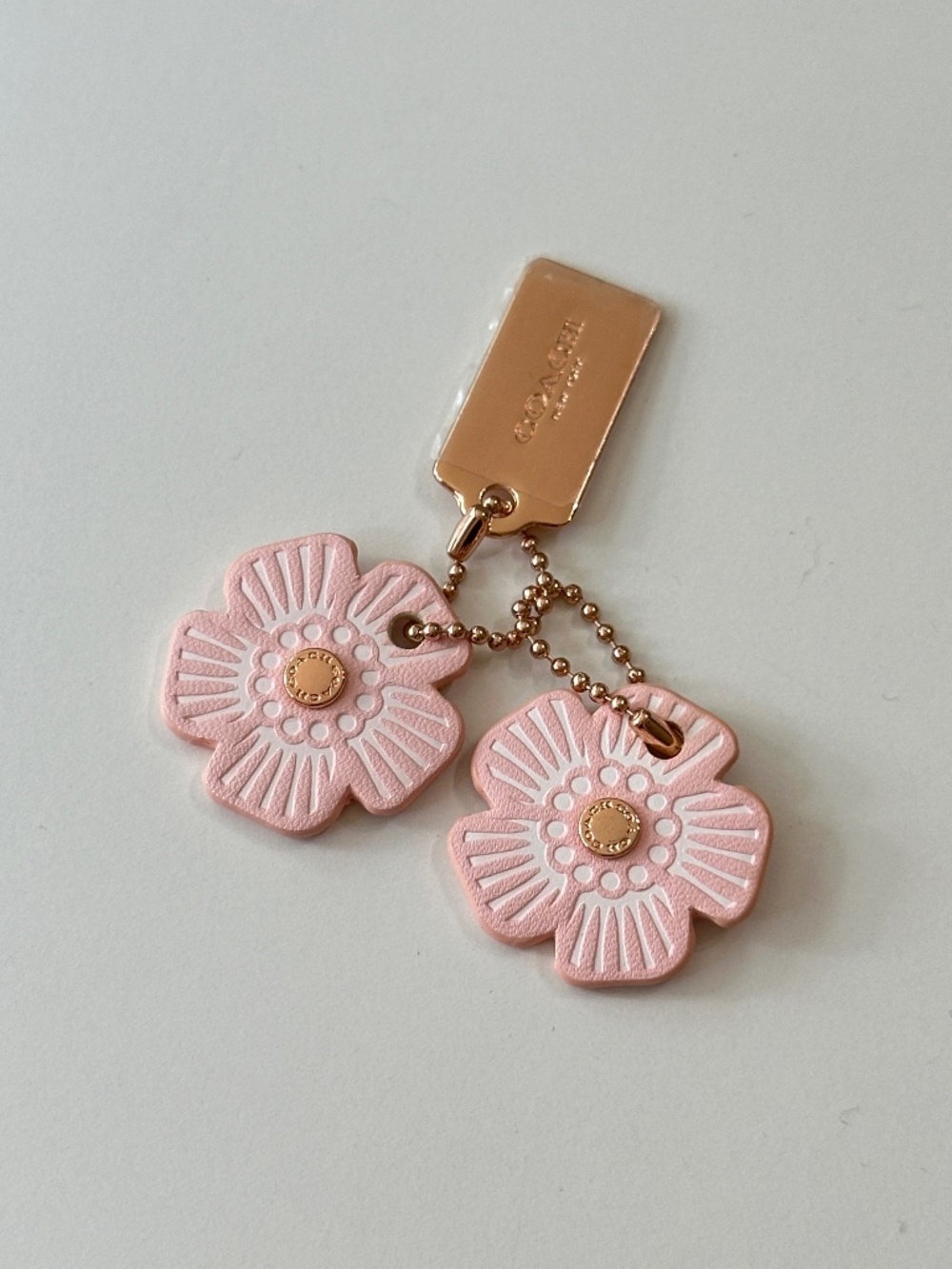 Coach Floral Pink White Rose Gold Metal Leather Flower Key Chain Bag Charm Mini